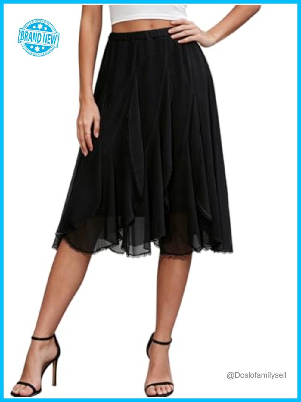 Womens Chiffon Flowy A-Line Midi Skirt Ruffled Lace Trim Asymmetric